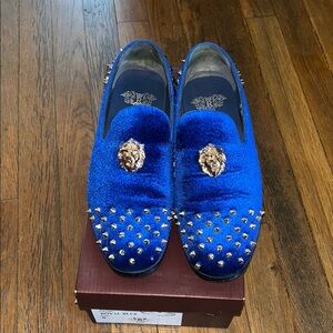 Royal Blue Velvet Loafers with Gold Studs